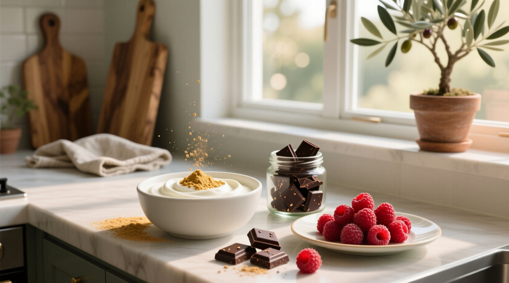 How to Make a Healthy Smoothie with Greek Yogurt, Protein Powder, Dark Chocolate, and Raspberries