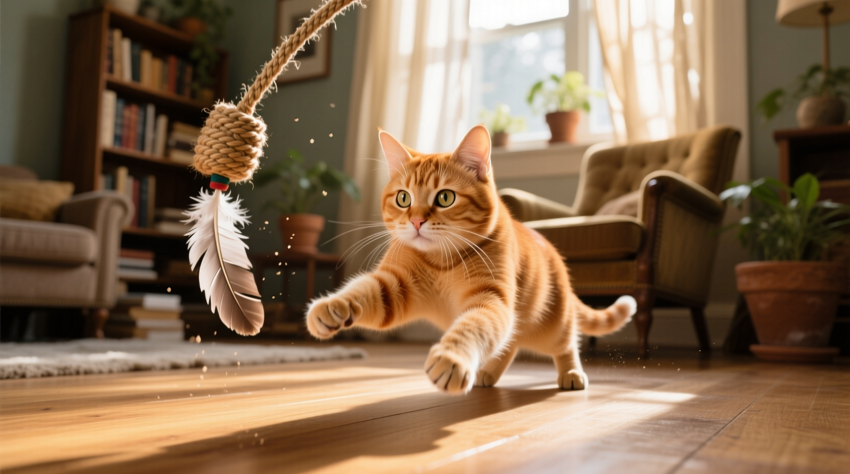 Cat playing with homemade teaser toy replacement