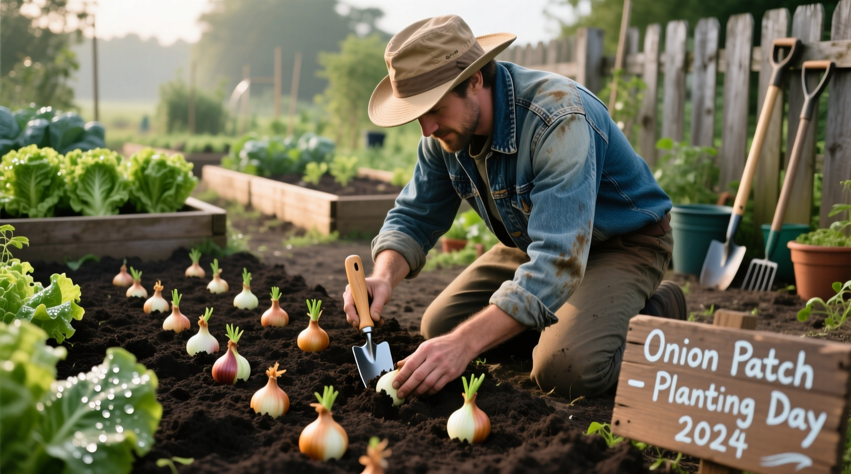 Gardener planting onion sets in well-prepared garden soil