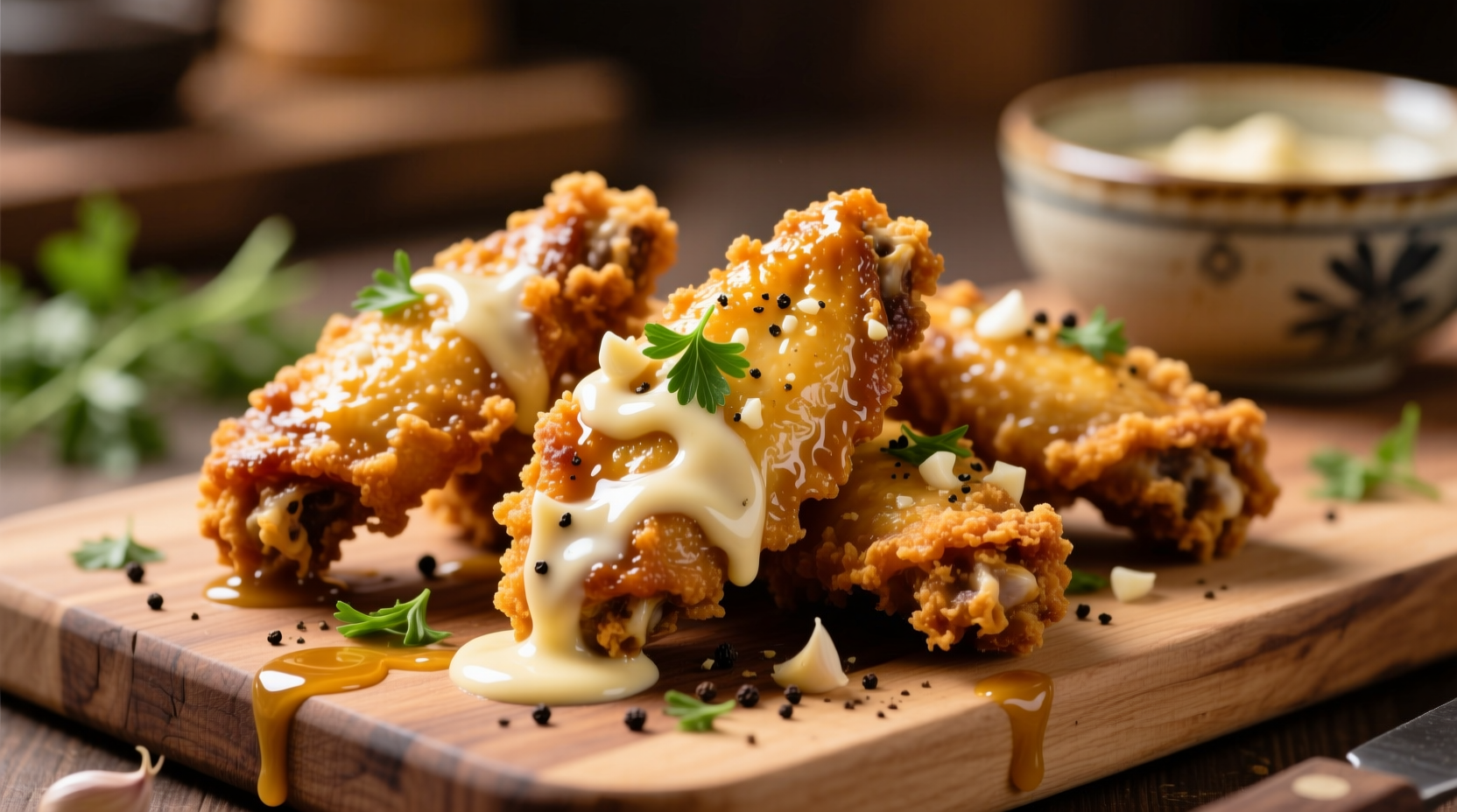 Golden crispy chicken wings coated in creamy garlic parmesan sauce