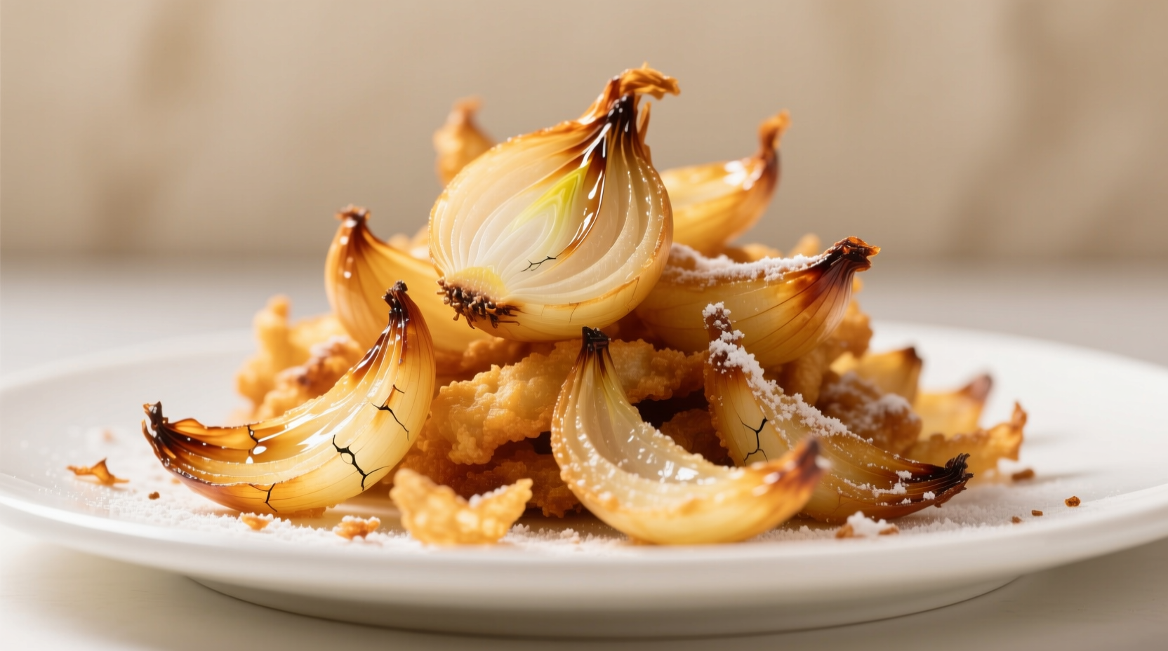 Golden crispy fried onions on white plate
