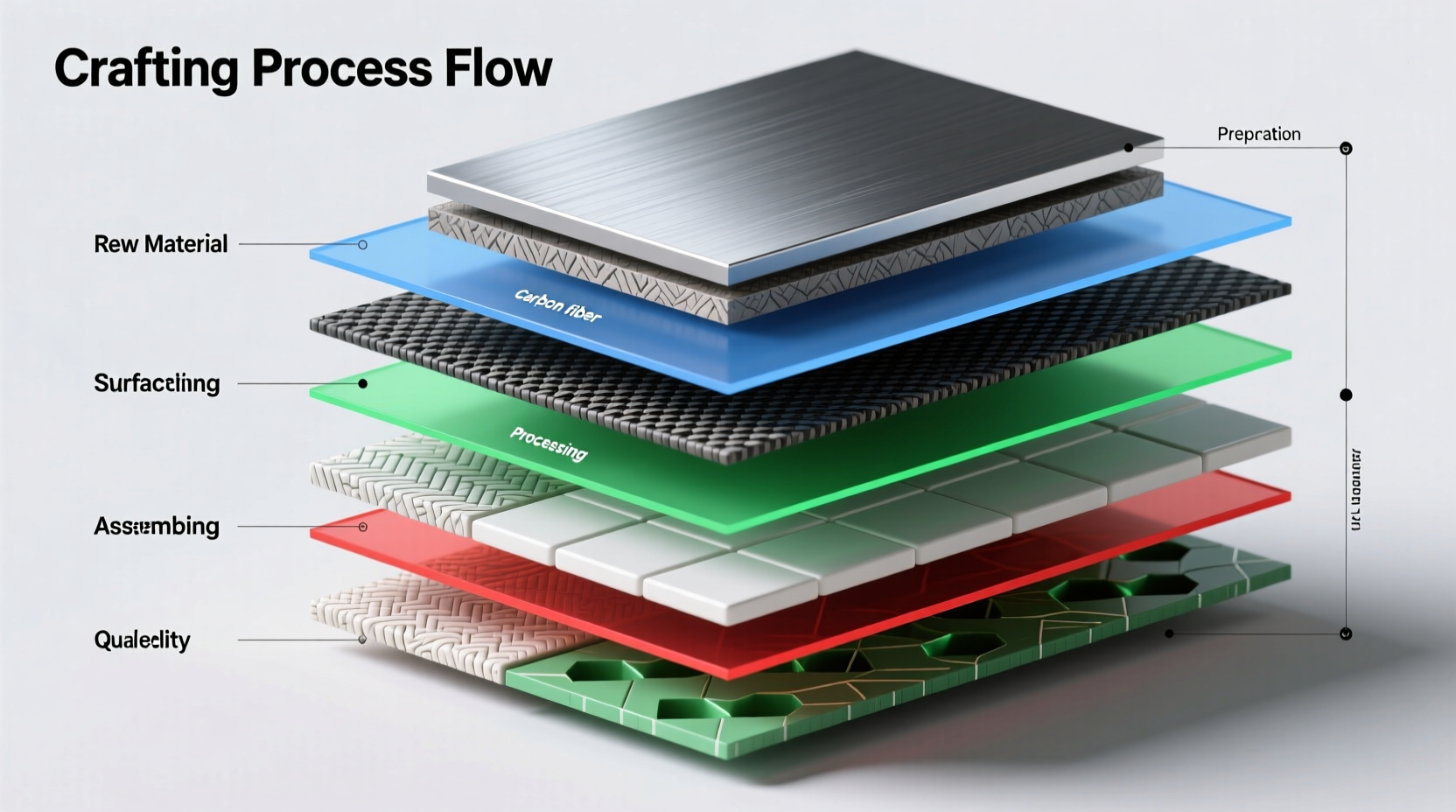 Layered crafting process diagram with material samples