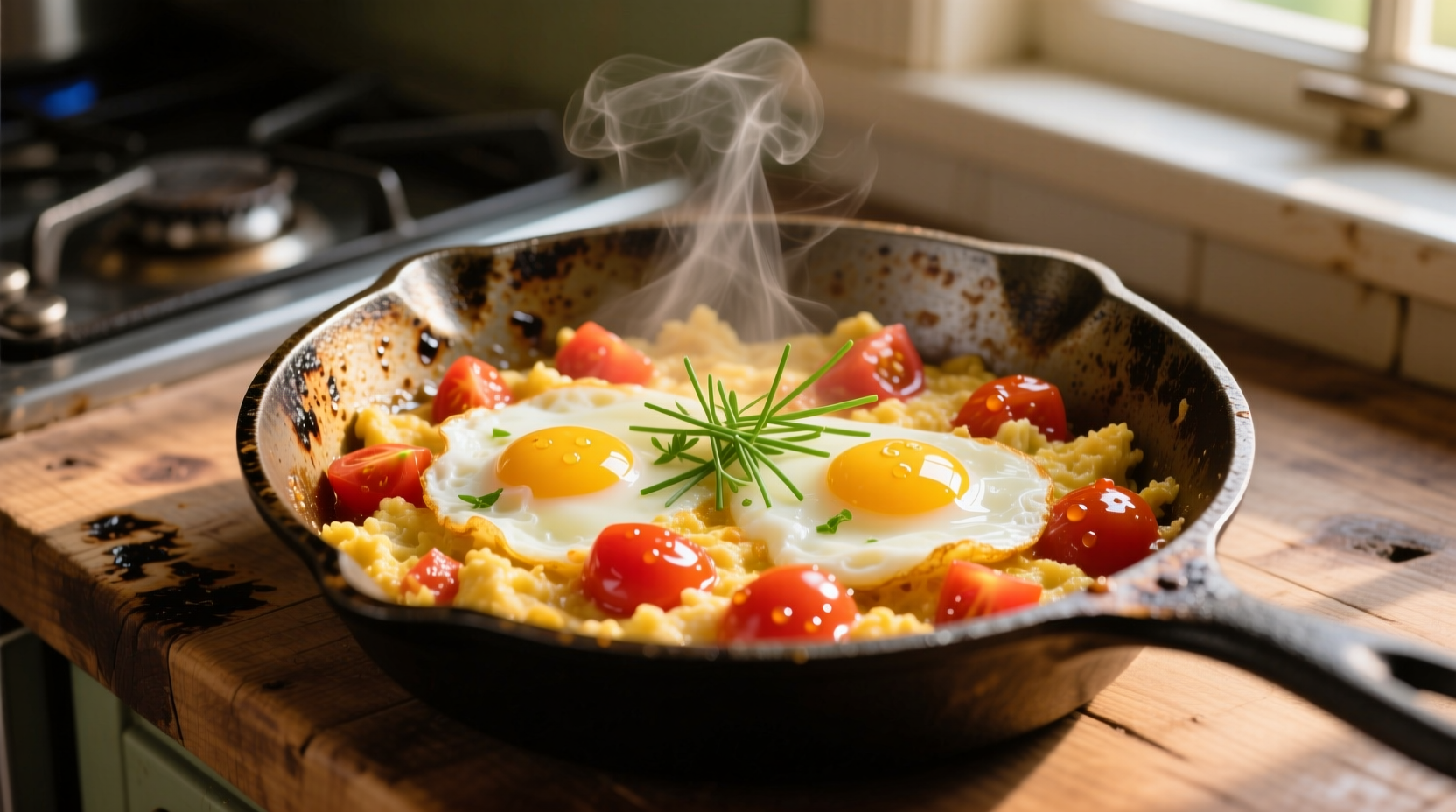 Fluffy tomato egg scramble in cast iron skillet