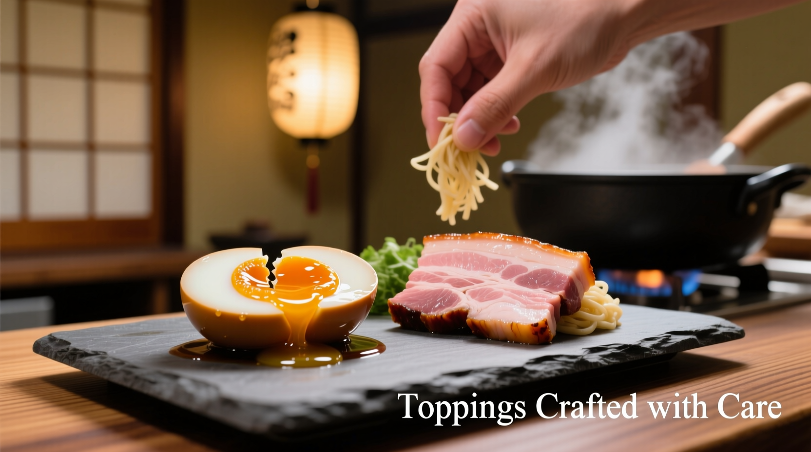 Ramen toppings preparation with marinated eggs and chashu pork
