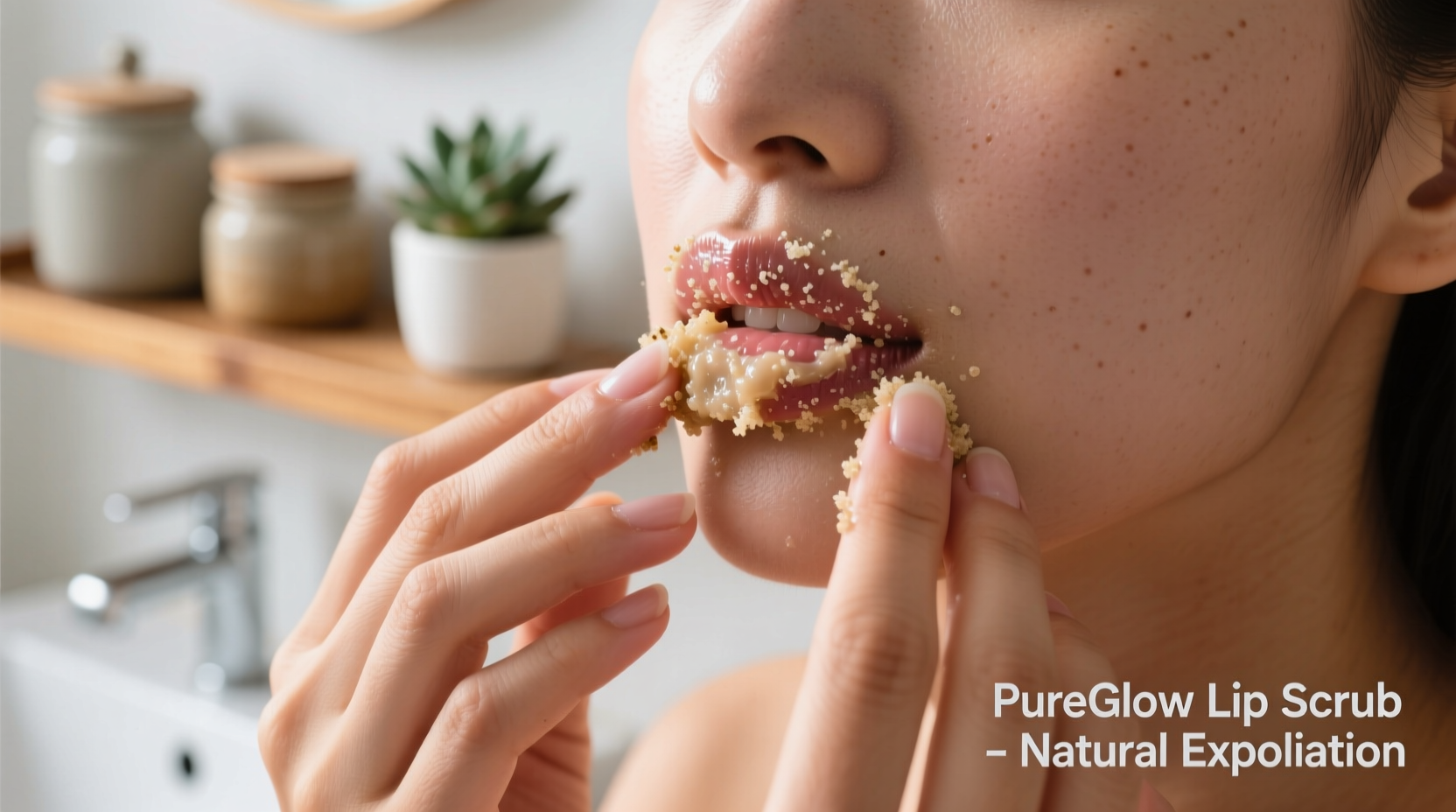 Close-up of hands applying natural lip scrub to lips
