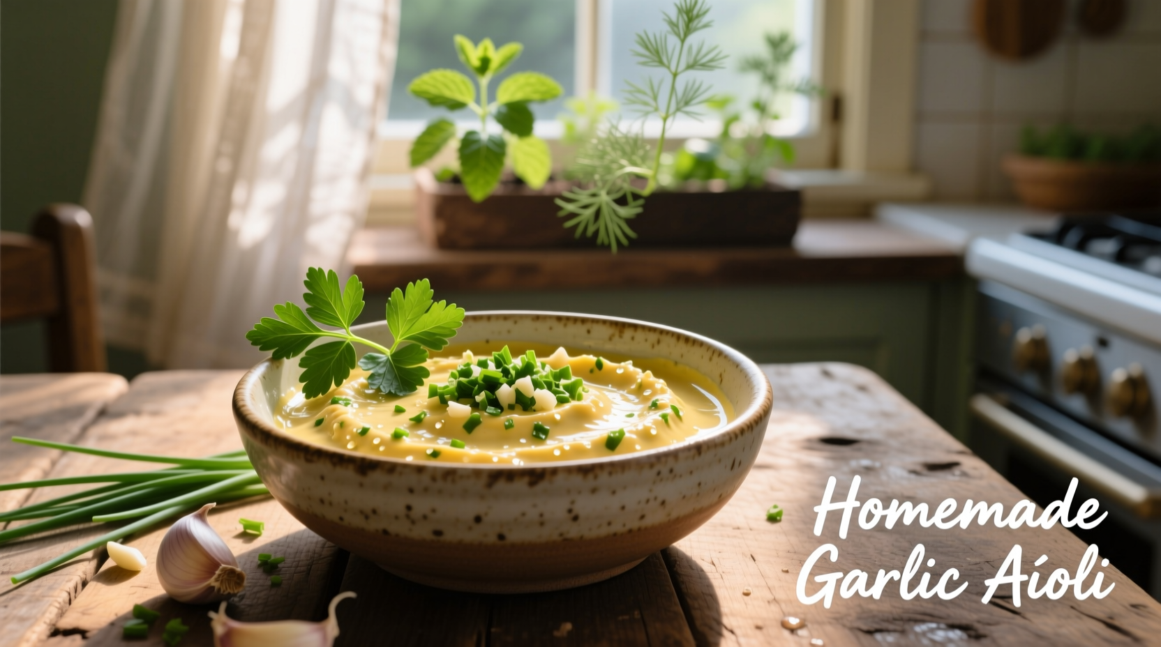 Homemade garlic aïoli in ceramic bowl with fresh herbs