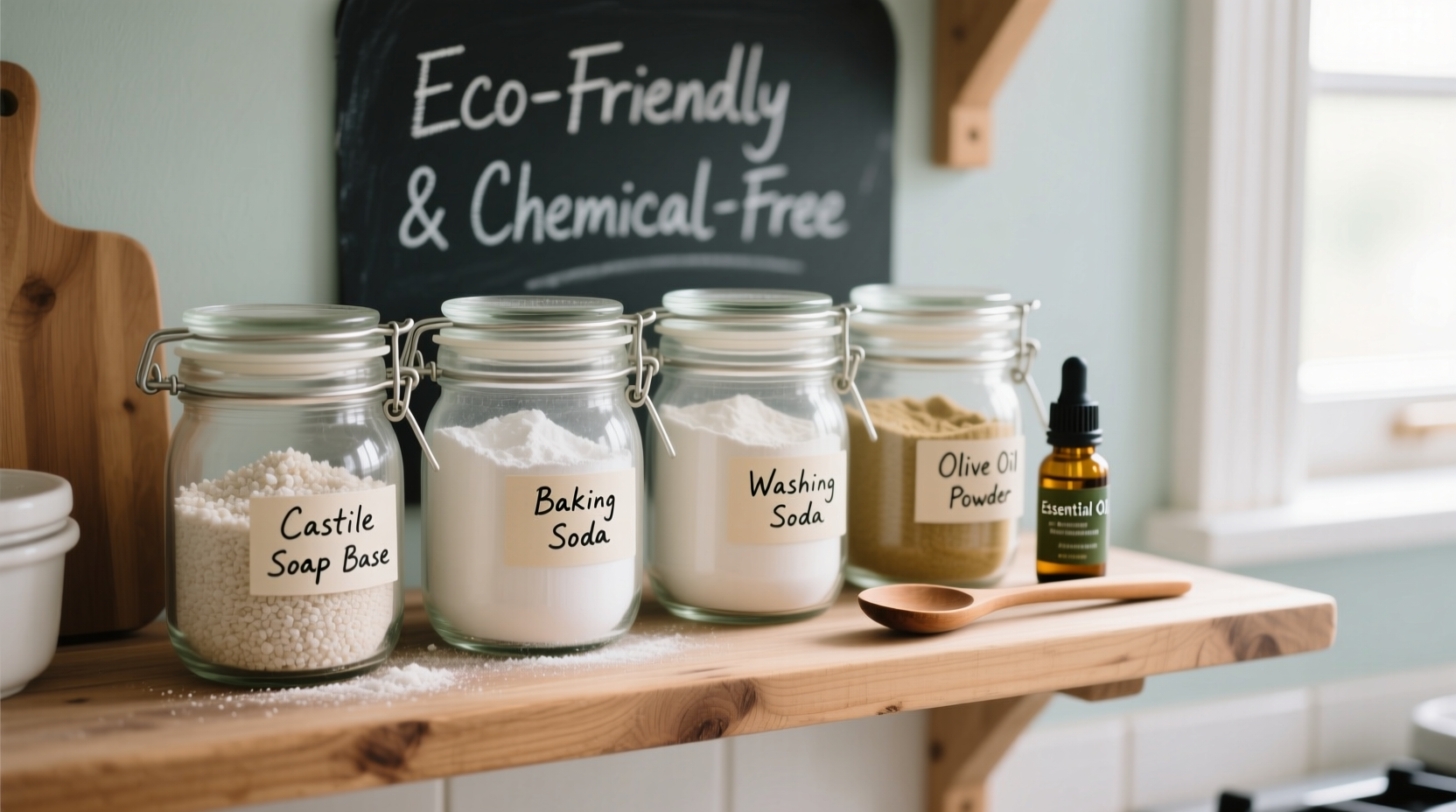 Homemade laundry soap powder ingredients in glass jars