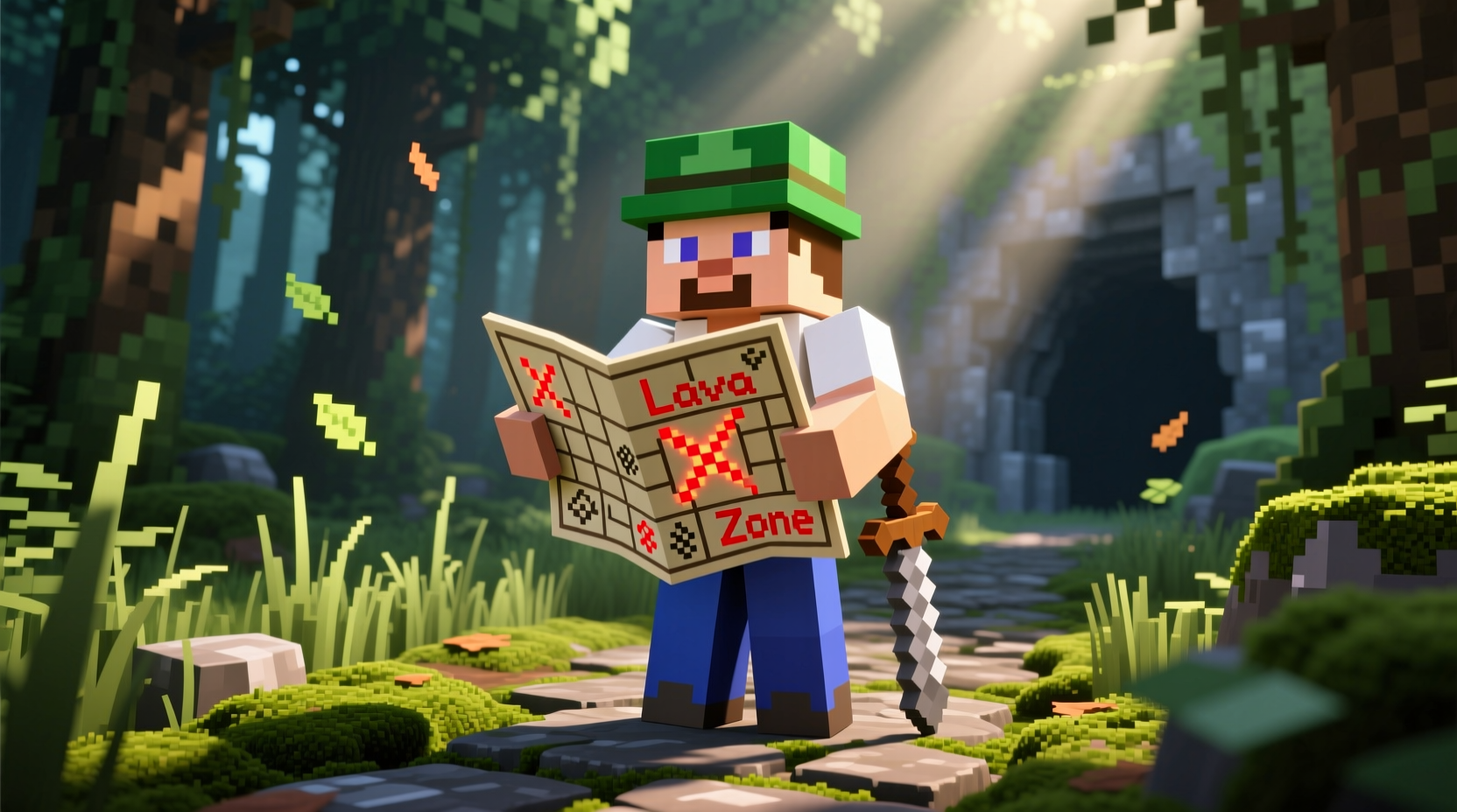 Minecraft player holding map while exploring
