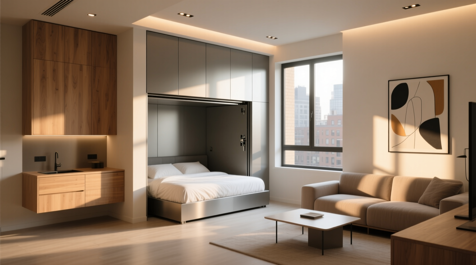 Completed hidden bed in small apartment showing daytime living space