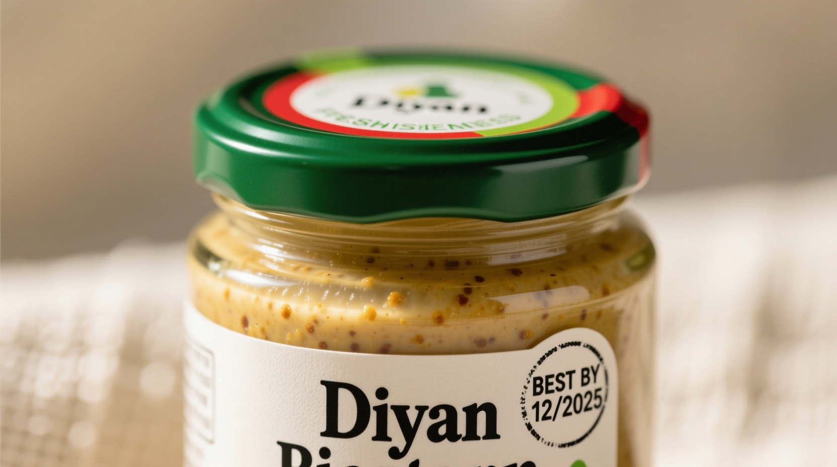 Close-up of Dijon mustard jar with freshness indicators