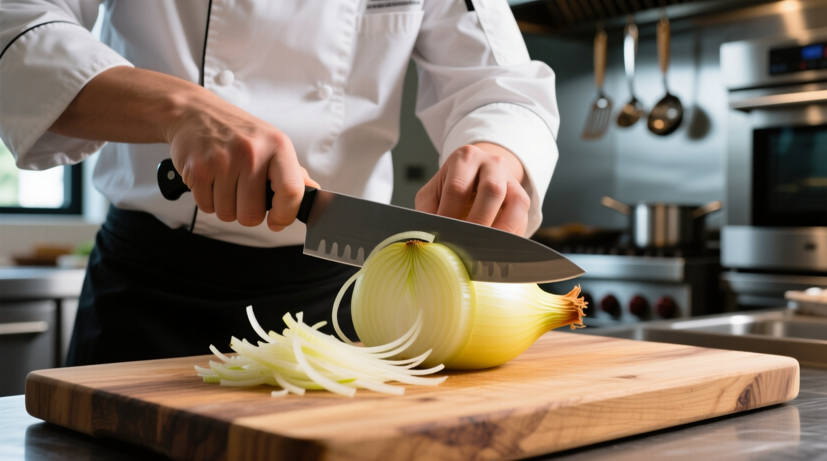 Chef hand-cutting perfect onion strings on cutting board