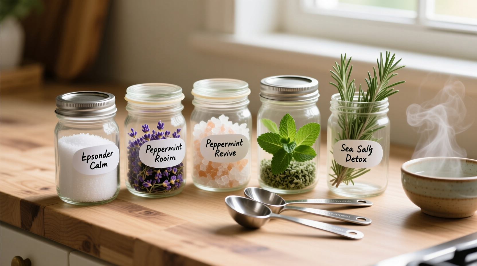 Homemade foot soak ingredients in glass jars with measuring spoons
