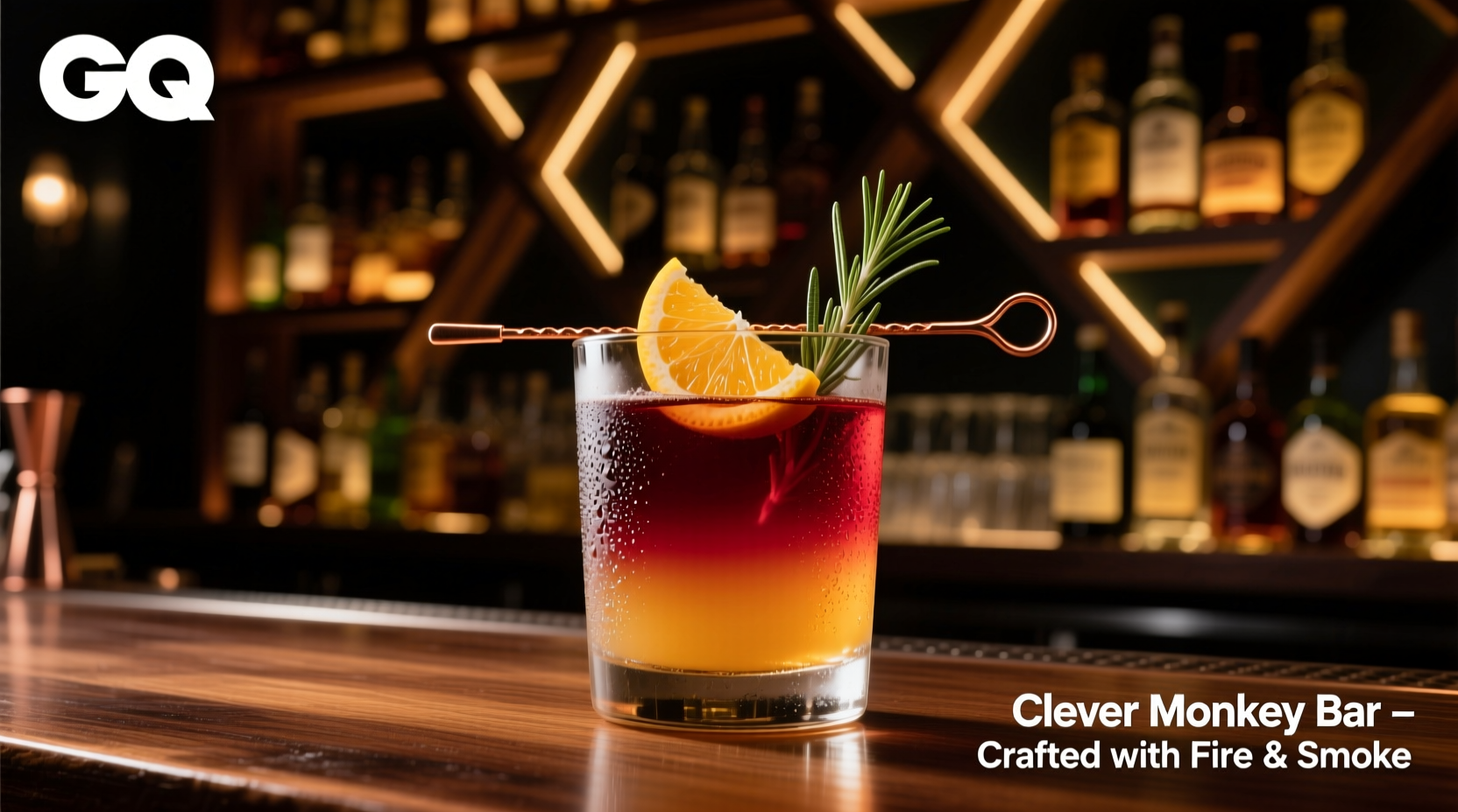 Craft cocktail presentation with smoked glass at Clever Monkey bar