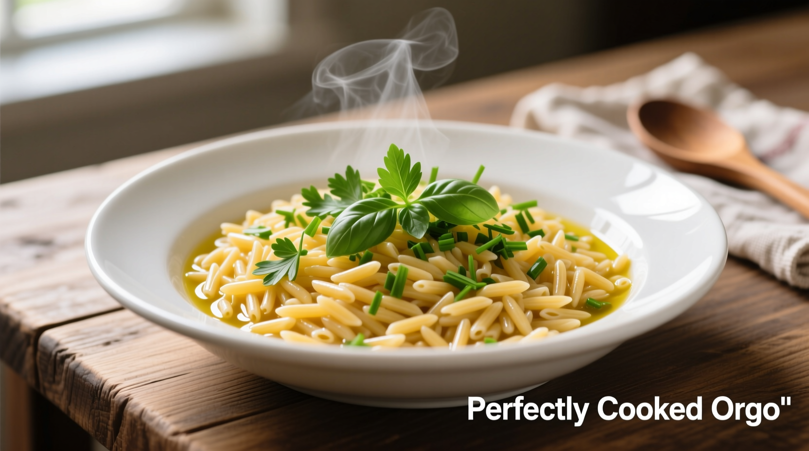 Perfectly cooked orzo in a white bowl with fresh herbs