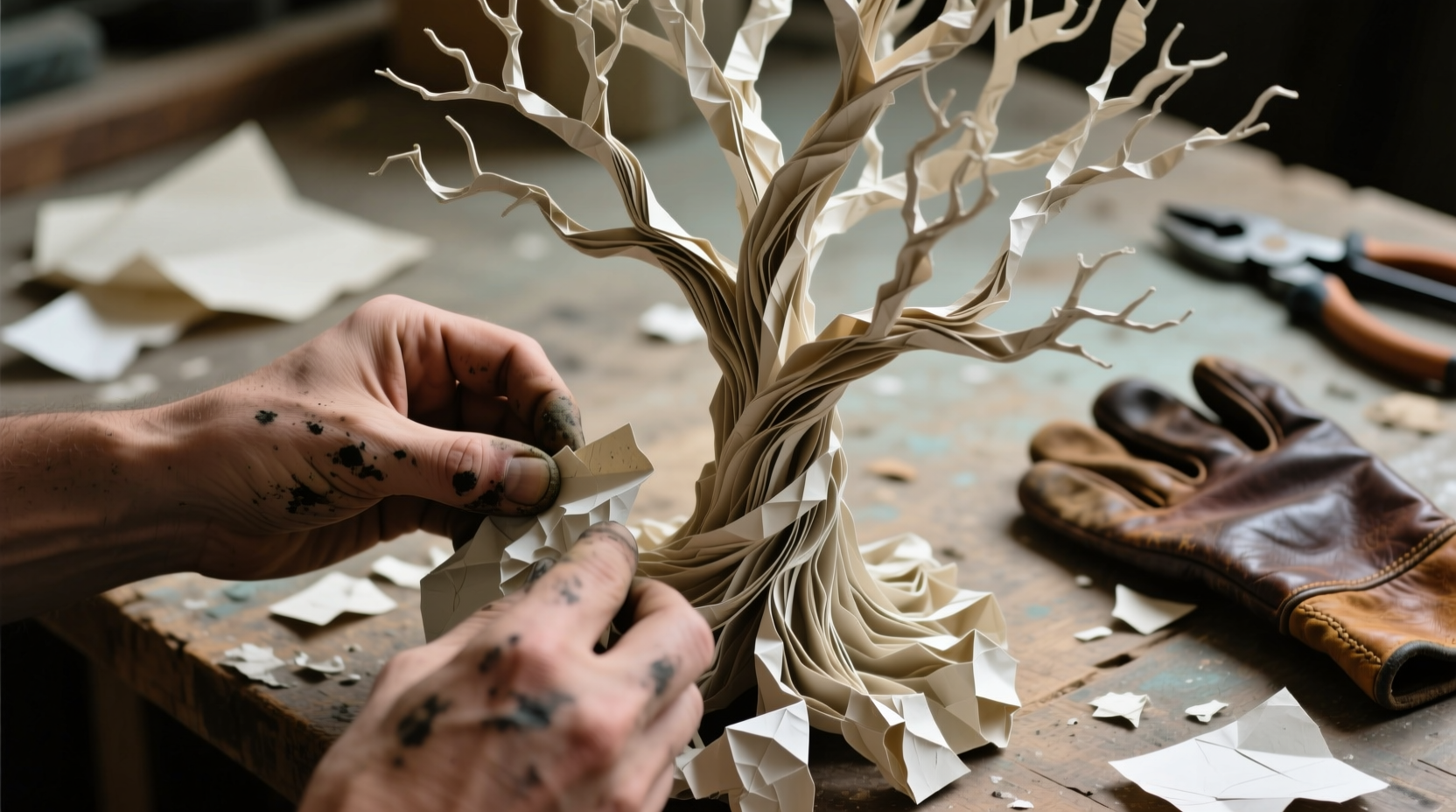 Hands shaping recycled paper into intricate sculptures