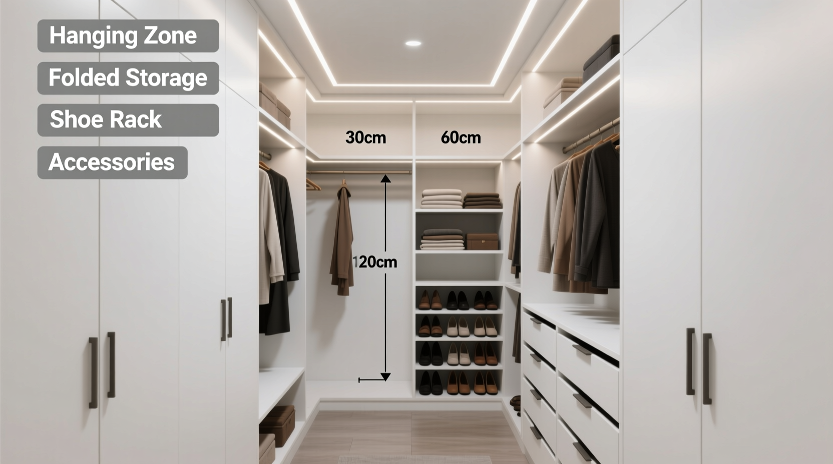DIY walk-in closet layout with measurement zones