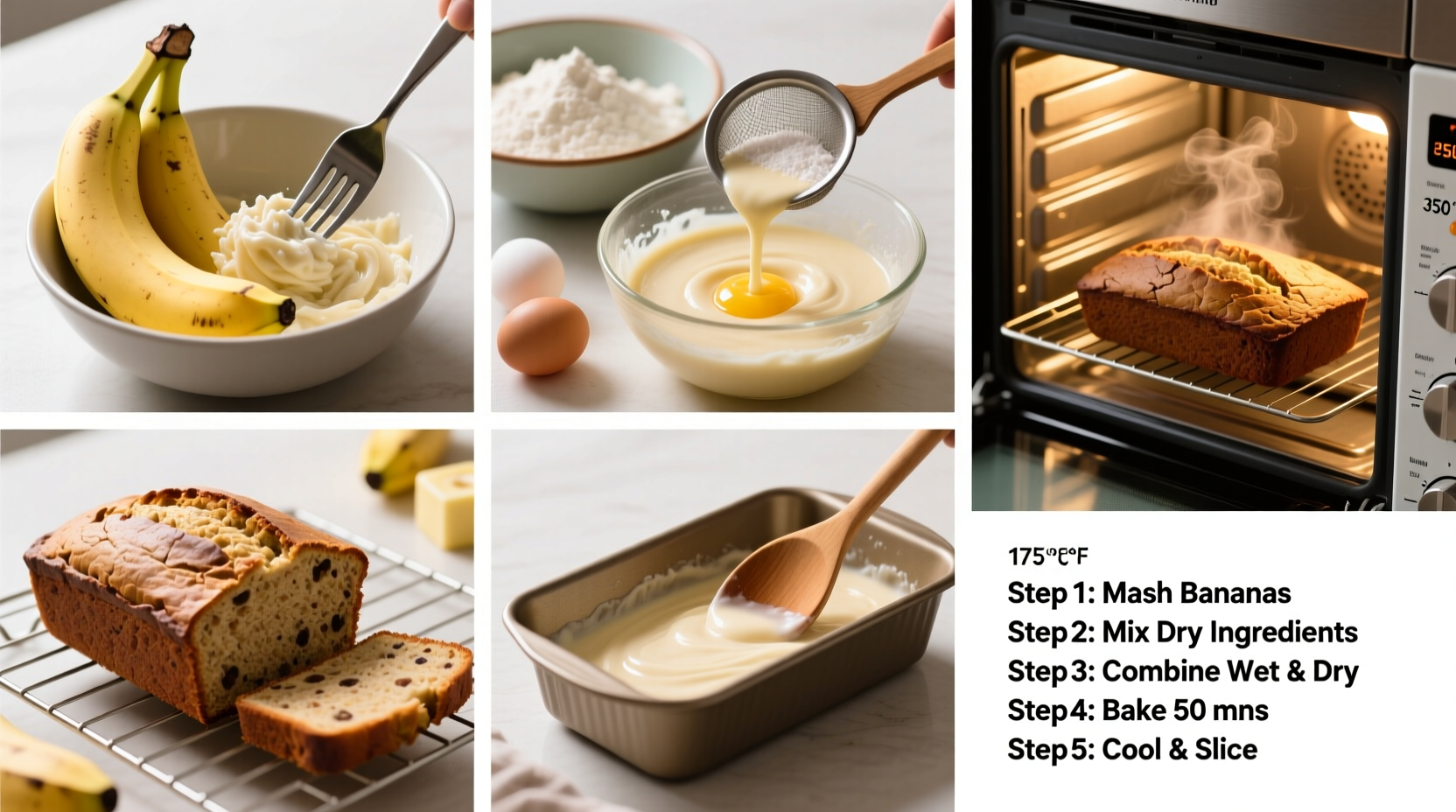 Step-by-step process of making homemade banana bread with ingredients