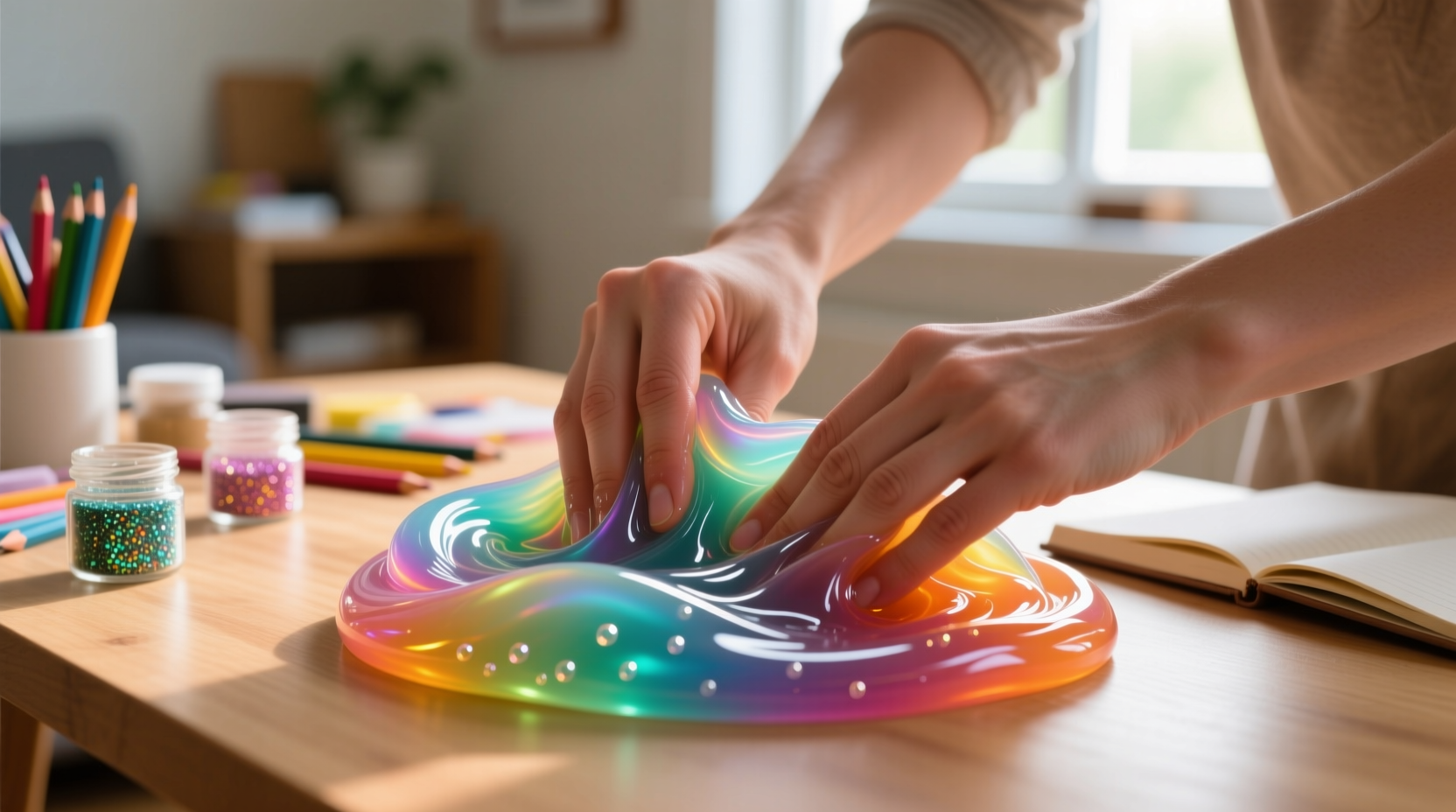Hands kneading colorful slime on table