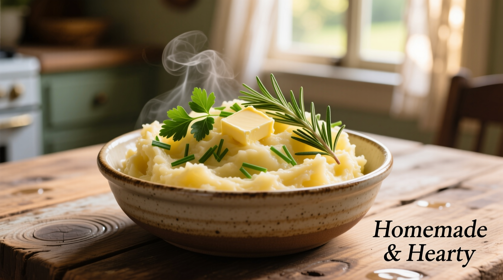 Homemade mashed potatoes in a serving bowl with fresh herbs