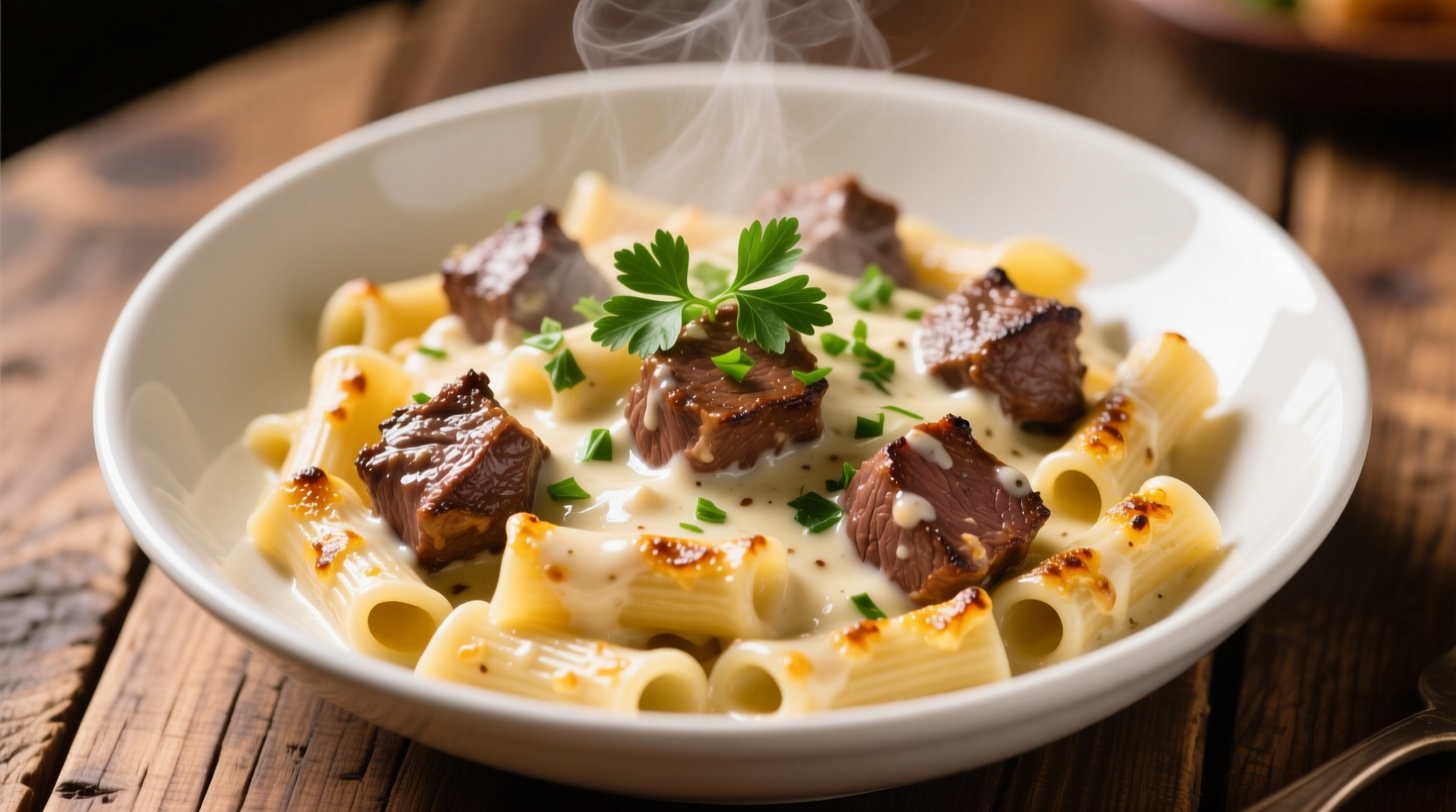 Creamy beef rotini with garlic parmesan sauce