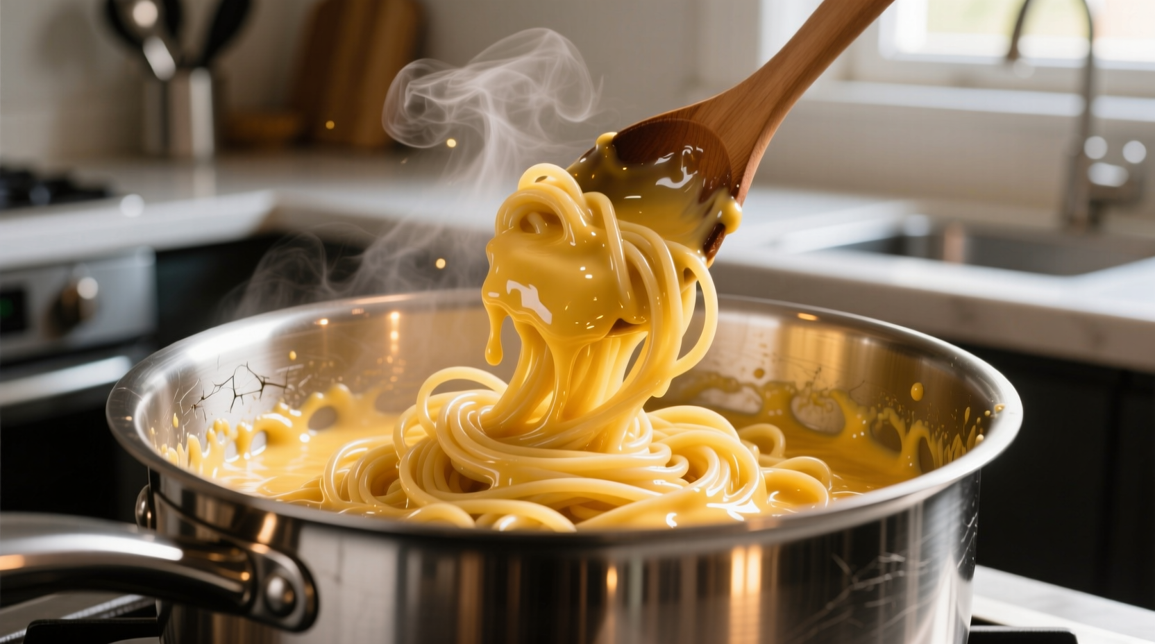 Stirring melted cheese sauce into pasta in stainless steel pot