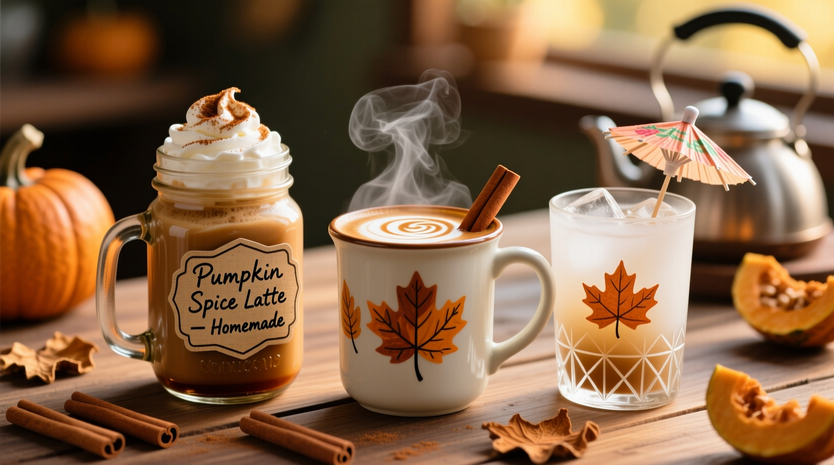 Three variations of homemade pumpkin spice latte in different glasses