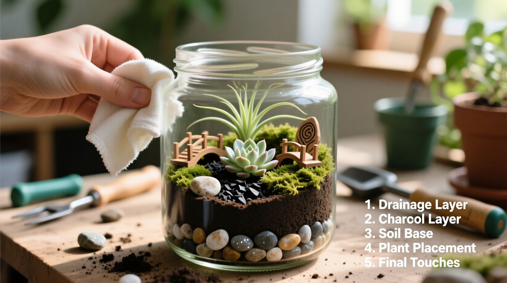 Step-by-step terrarium assembly in recycled jar