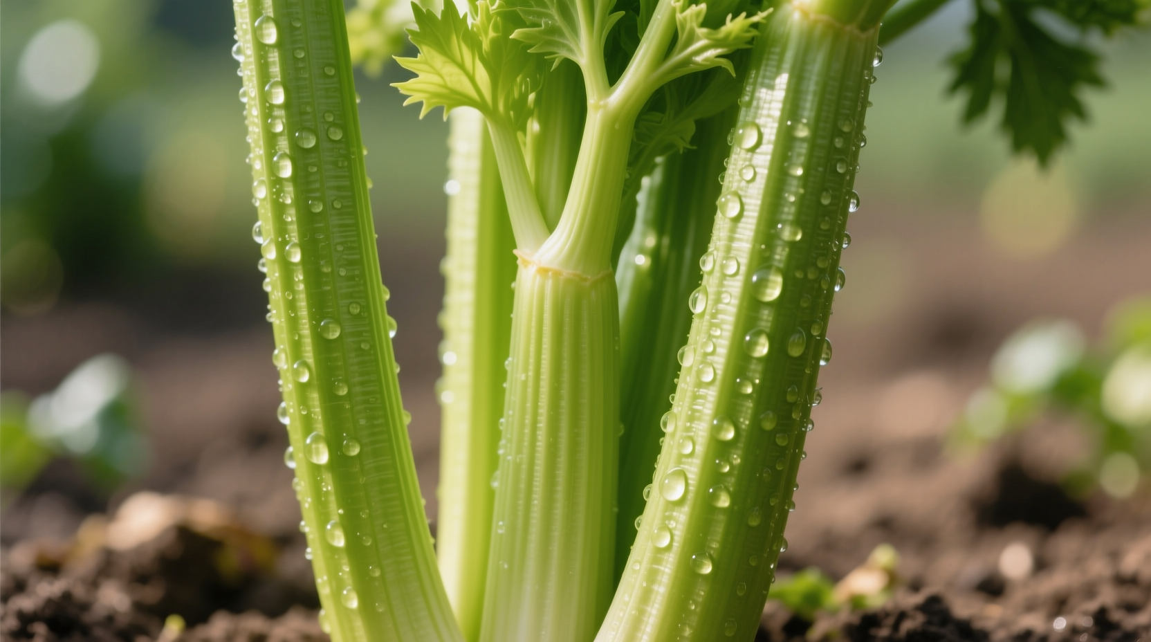 Fresh celery ribs with visible fibrous strands
