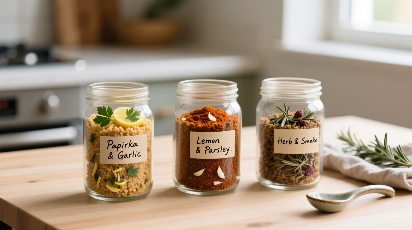 Three glass jars with different seasoned breadcrumbs