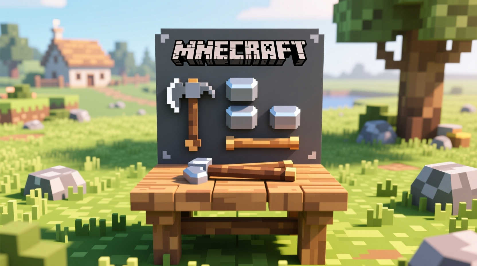 Minecraft crafting table with iron pickaxe recipe example