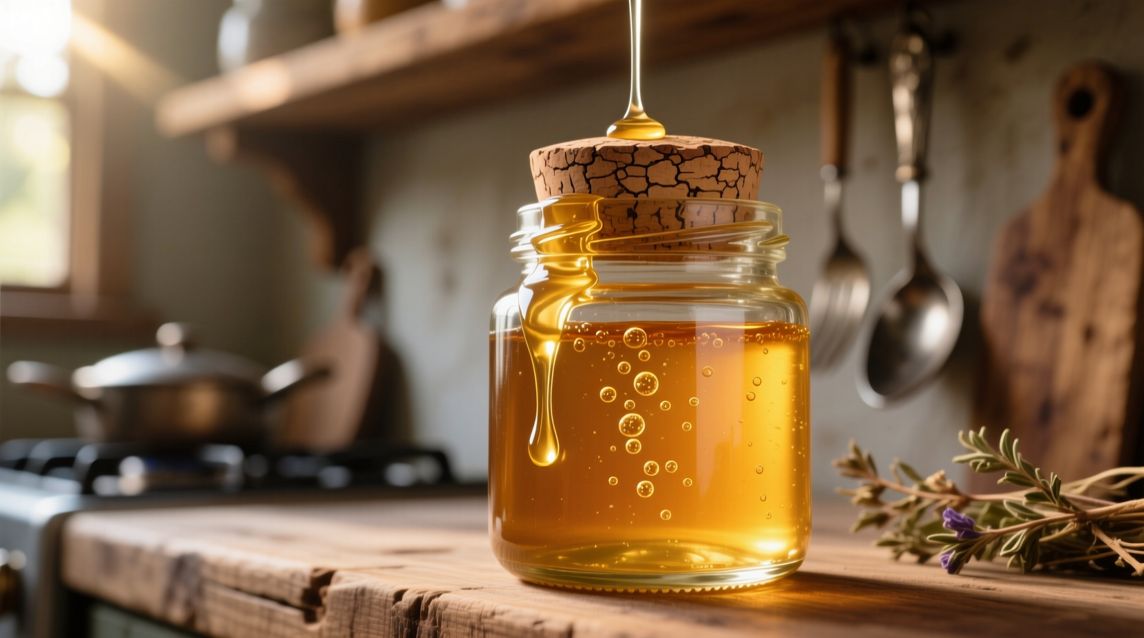 honey in glass jar with cork