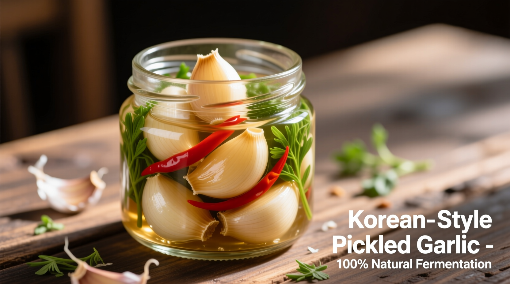 Fresh Korean pickled garlic in glass jar with cloves