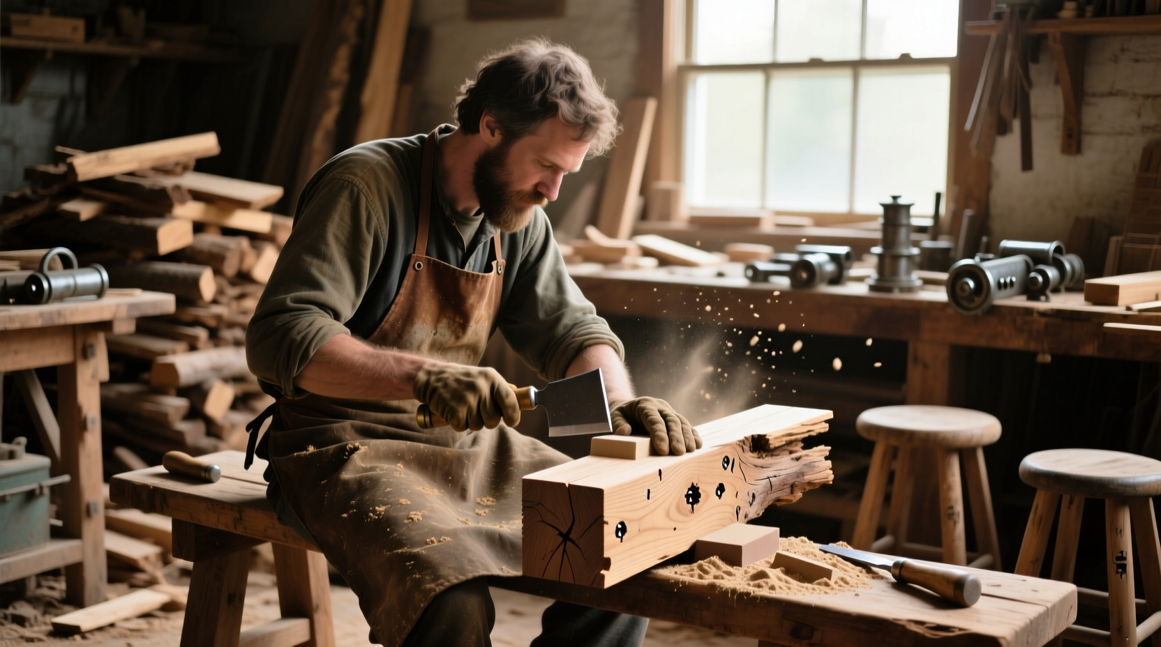 Artisan crafting wooden furniture from reclaimed materials