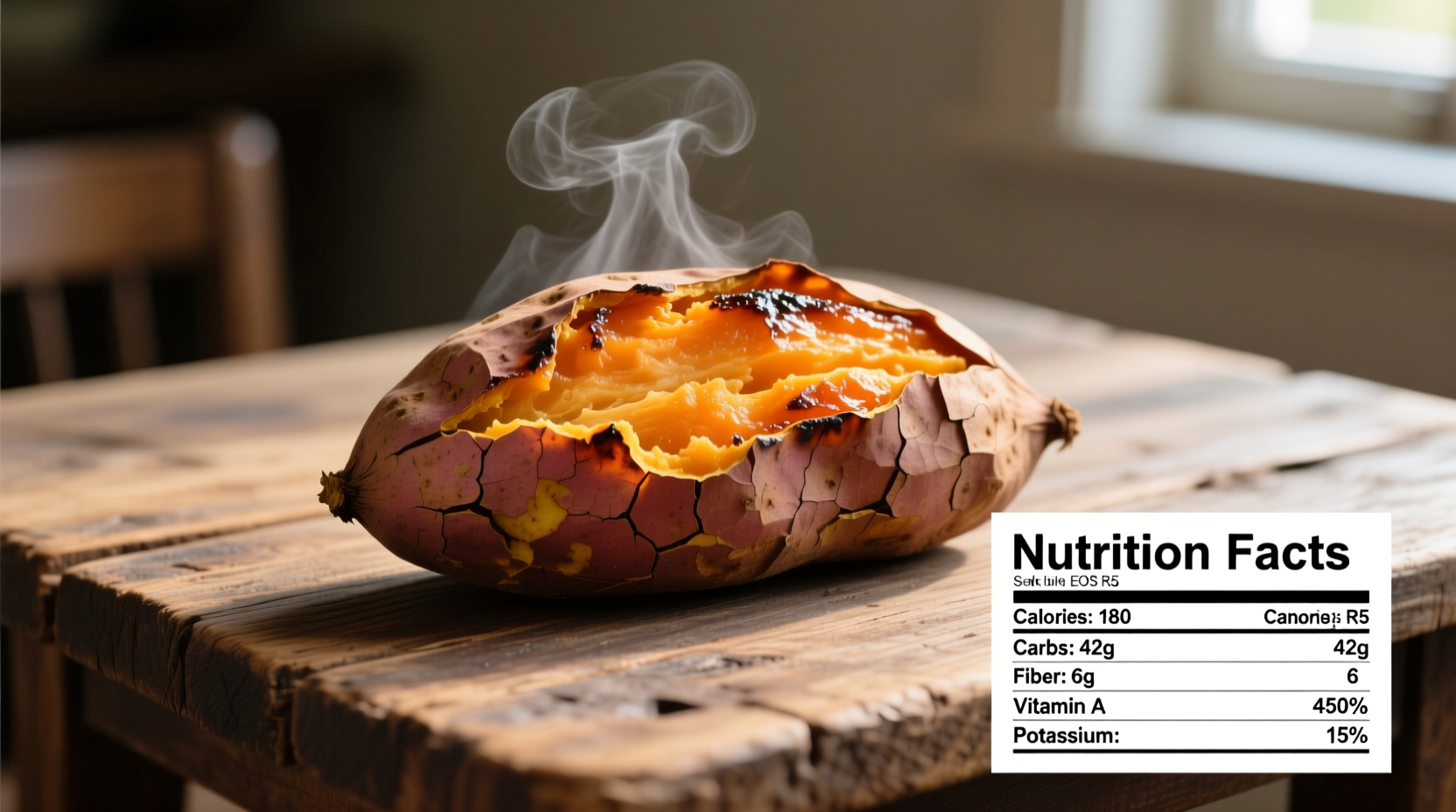 Nutrition facts of roasted sweet potato on wooden table