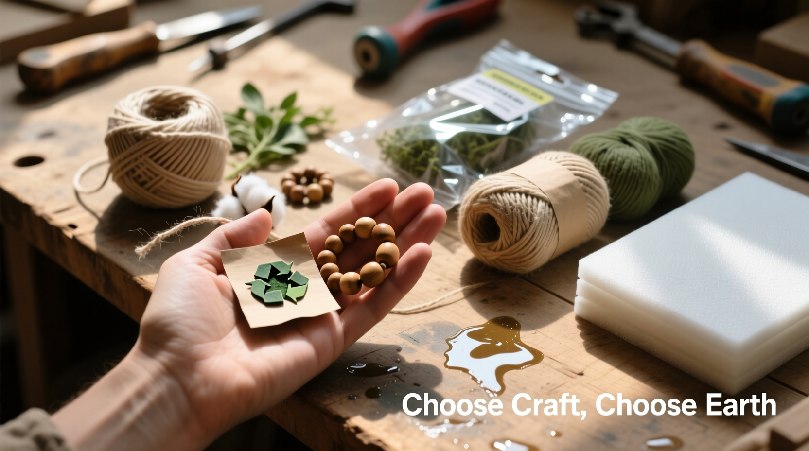 Hand holding sustainable craft materials next to traditional store-bought supplies