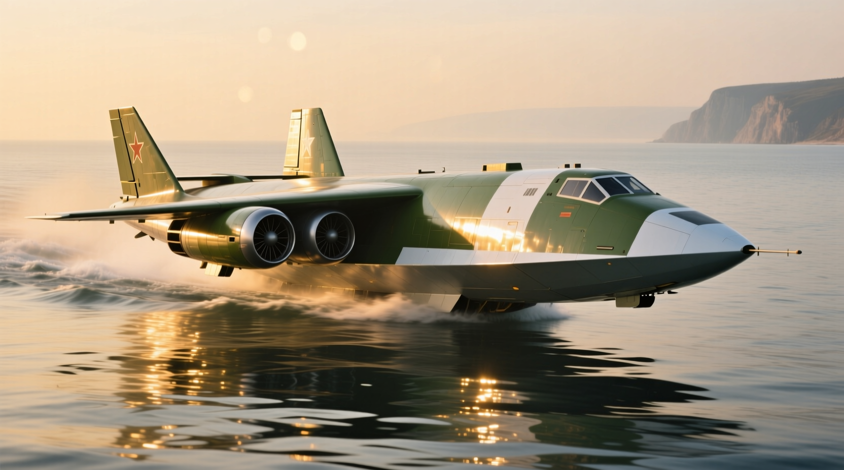 Soviet ekranoplan flying over water surface