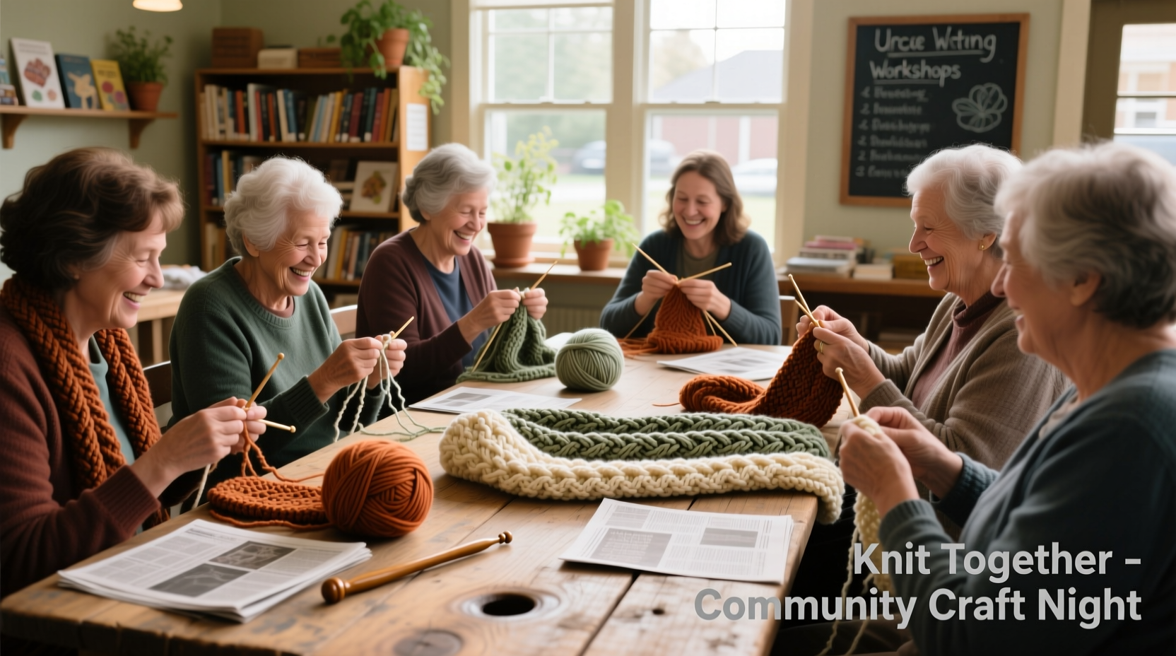 Group participating in knitting workshop at community table