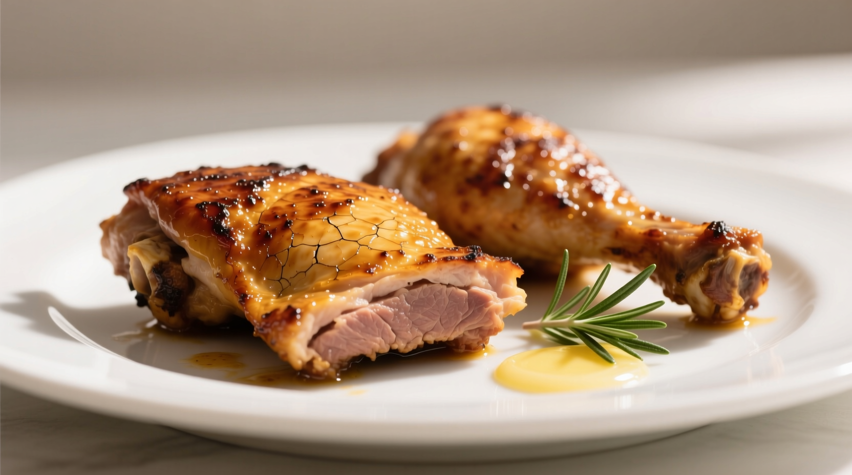 Perfectly cooked golden brown chicken thighs on a white plate