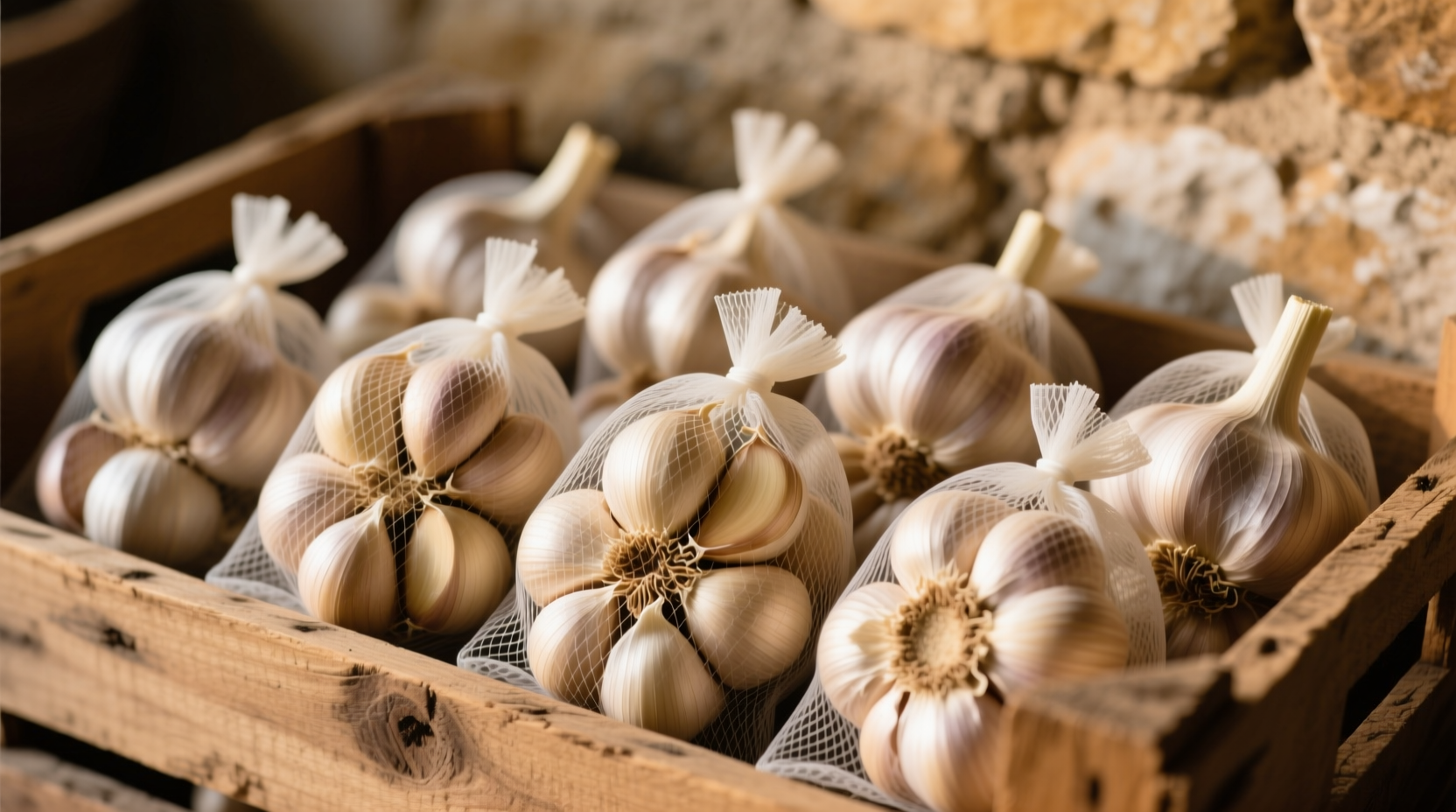 Properly stored garlic bulbs in mesh bags