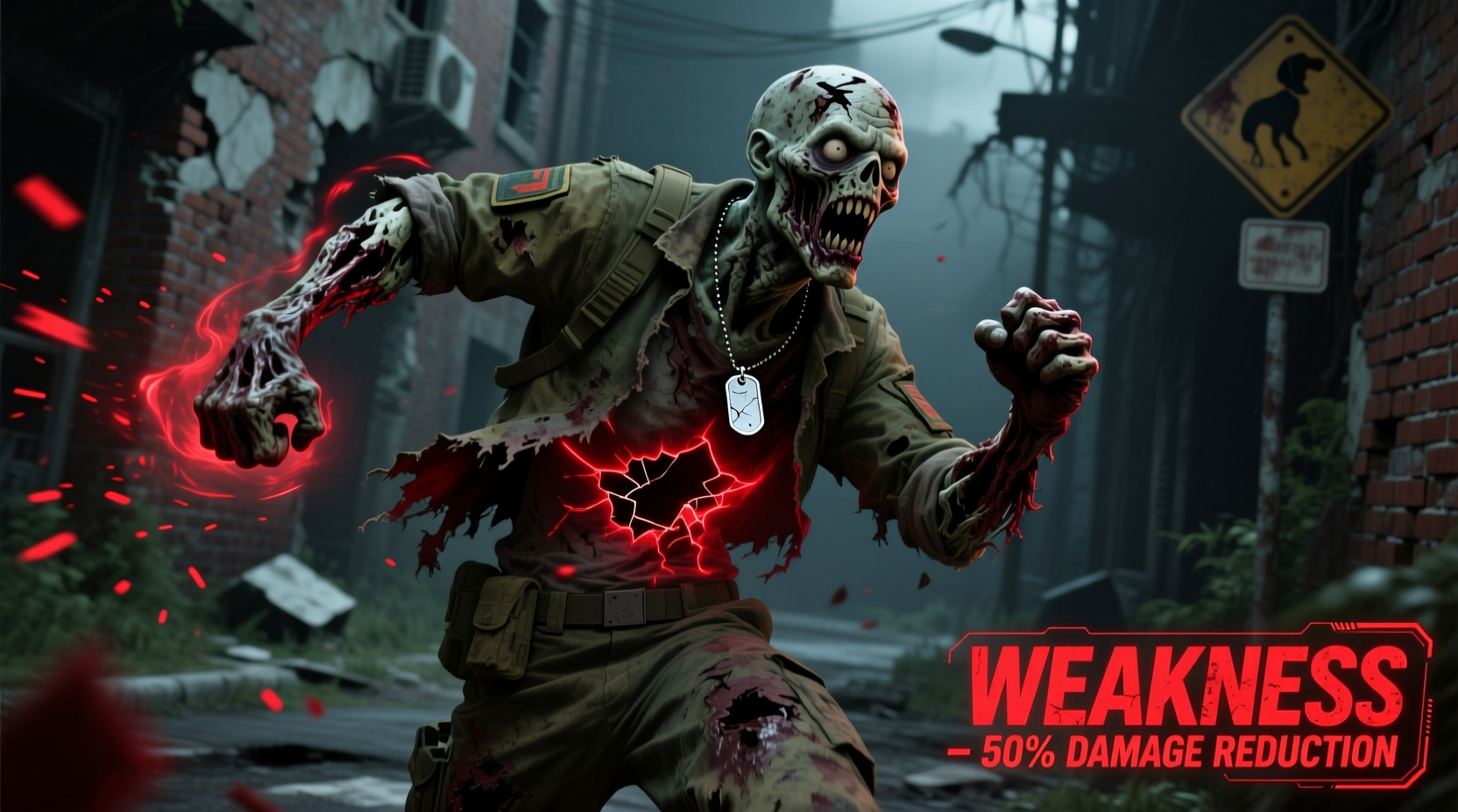 Zombie with weakness effect showing reduced attack damage