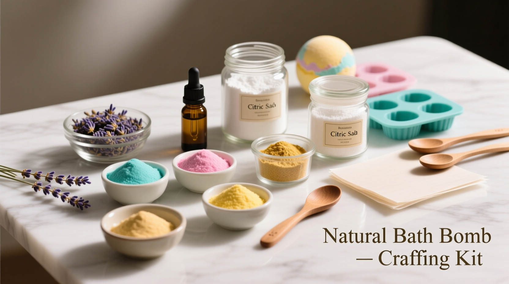 Bath bomb ingredients and tools arranged neatly