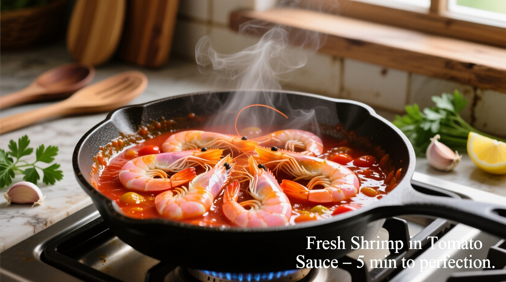 Fresh shrimp cooking in tomato sauce