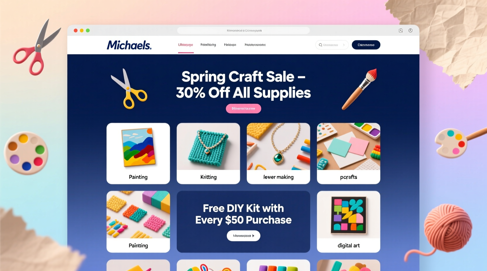 Michaels website homepage showing craft categories and promotions