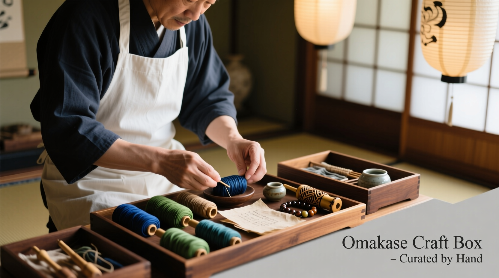 Artisan hand-selecting curated craft supplies for omakase box