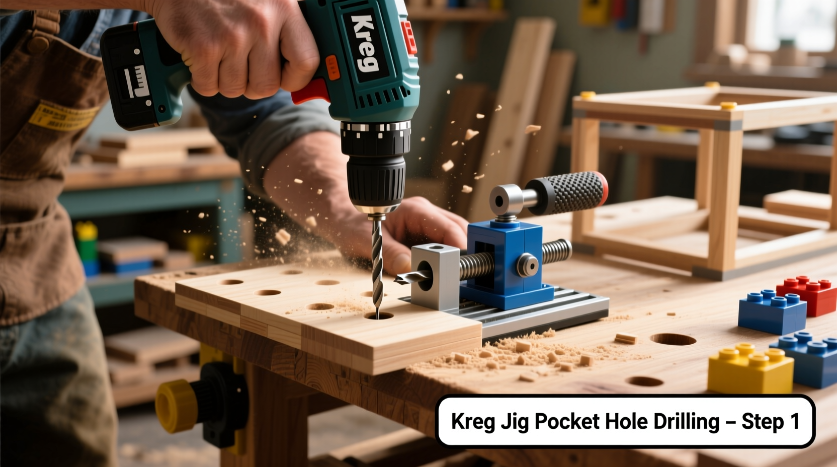 Drilling pocket holes for Lego table assembly with Kreg Jig
