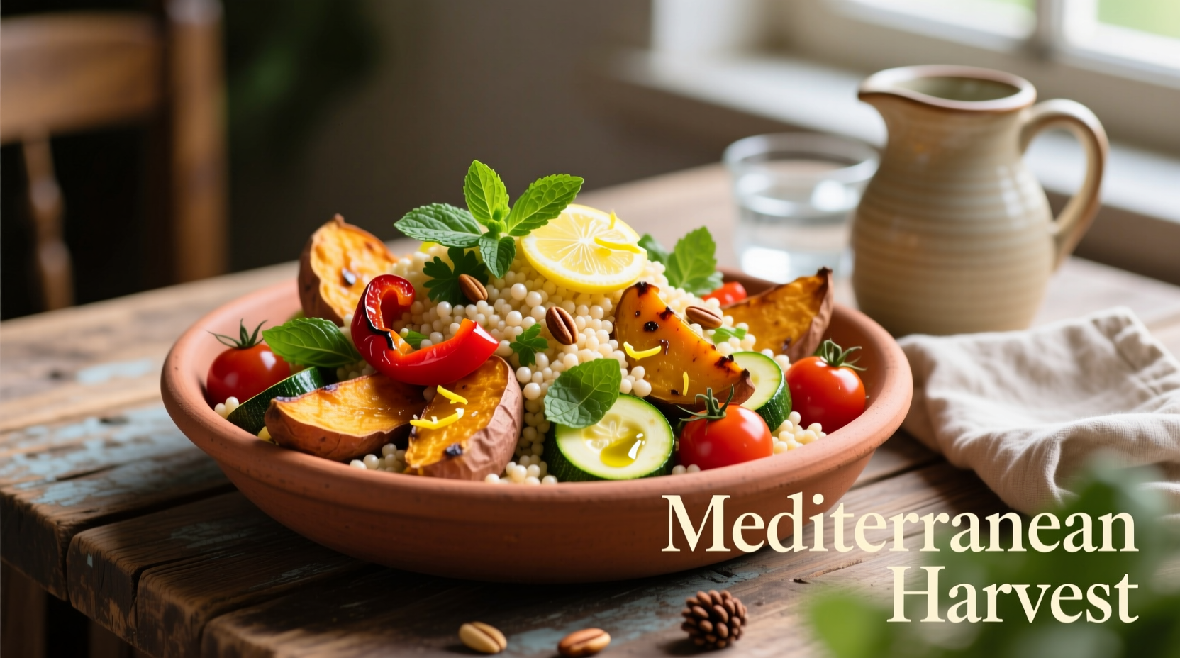Colorful couscous salad with roasted vegetables and fresh herbs