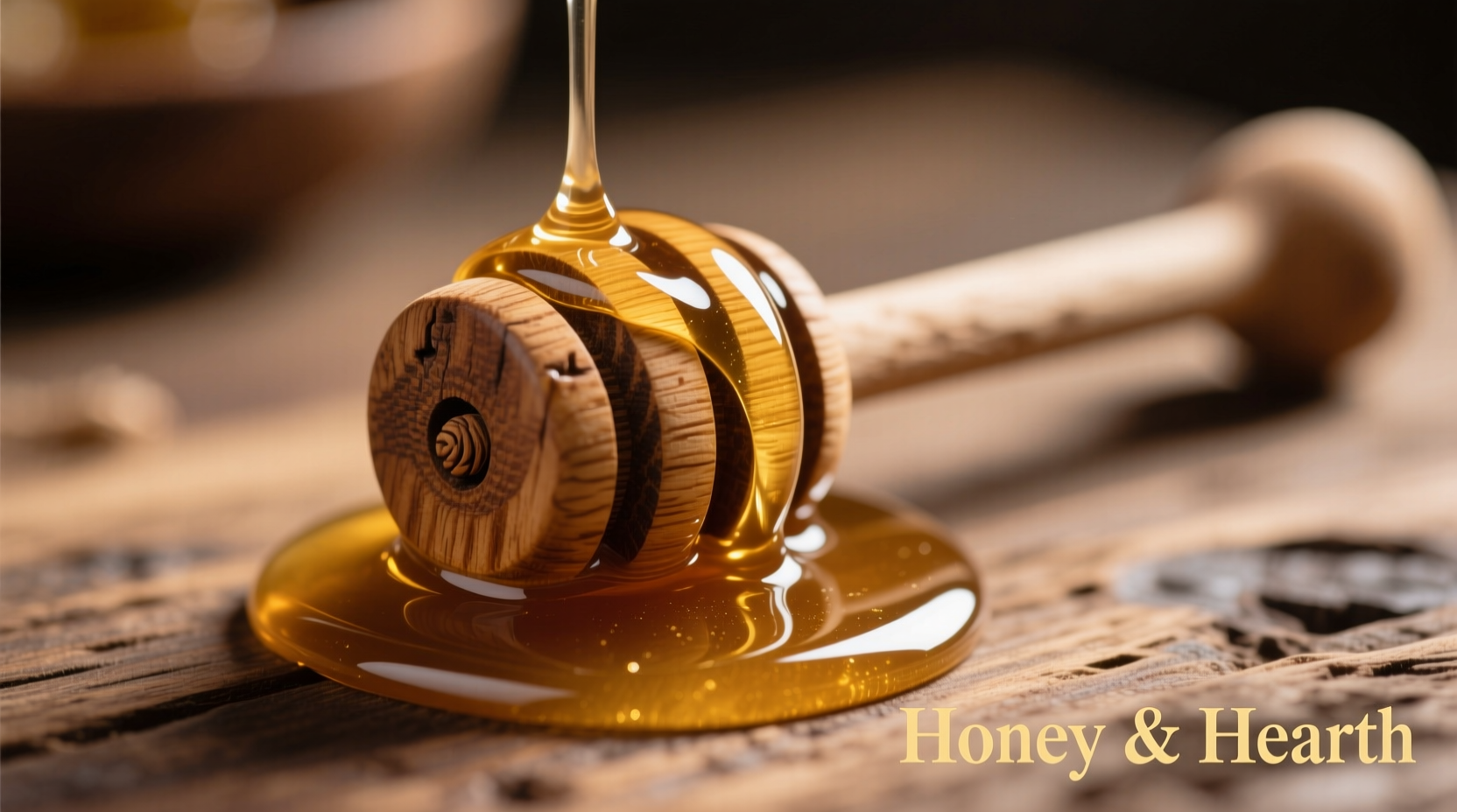 Wooden honey dipper swirling in amber honey