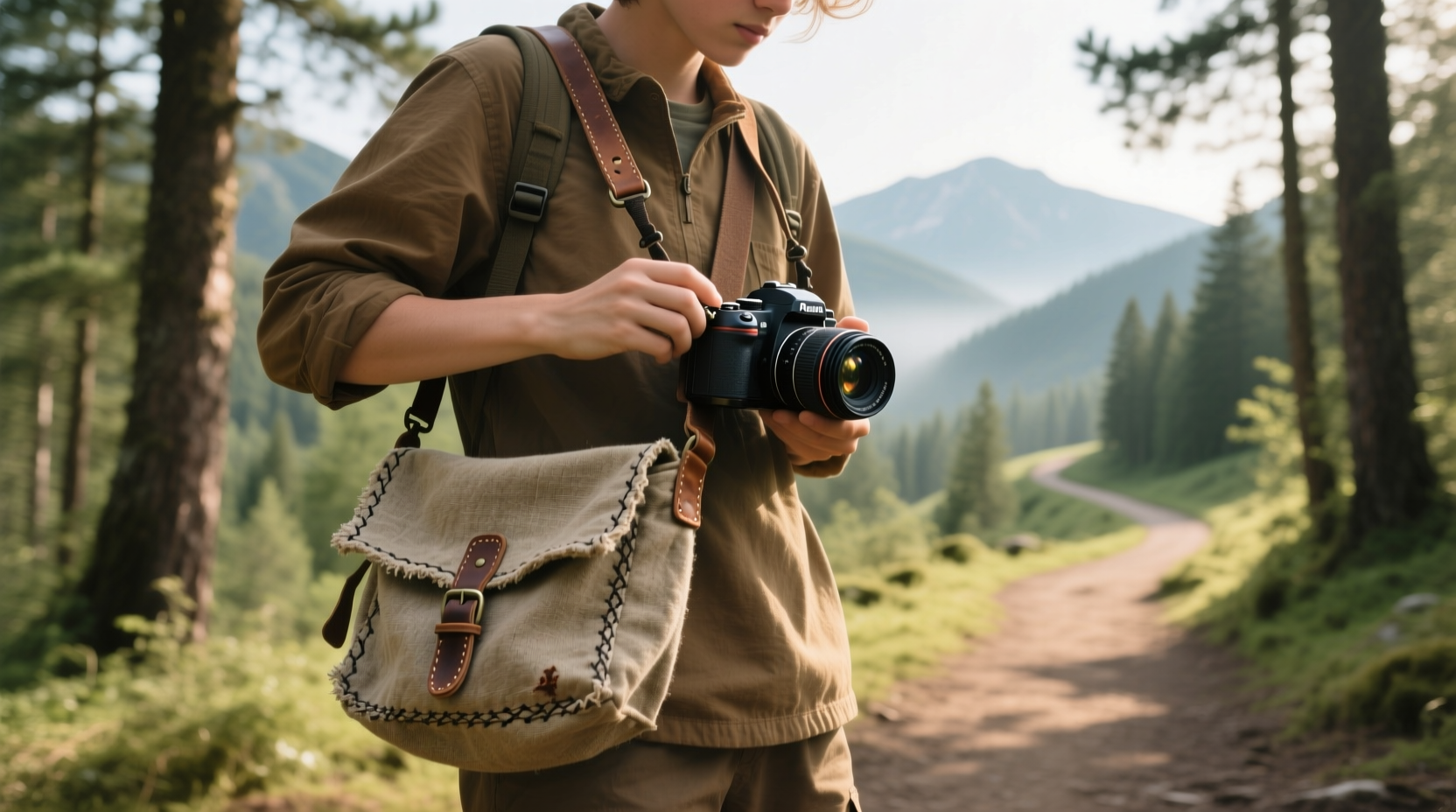 Homemade sling carrying camera during outdoor photography session
