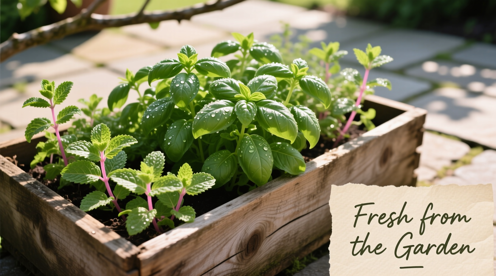 Herb garden planter box with fresh basil and mint