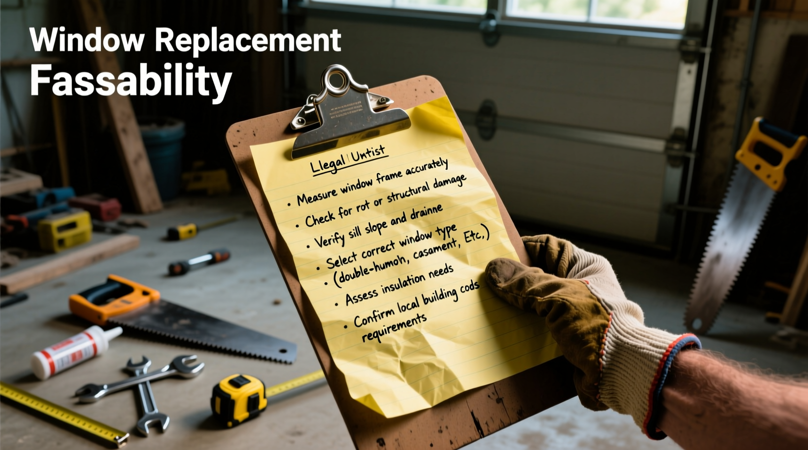 DIY window replacement feasibility checklist on clipboard